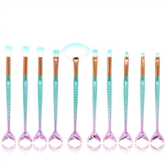 Makeup Brush Set 10Pcs Mermaid Tail (Teal & Pink) - Picture 2 of 2